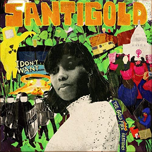 A vinyl record cover featuring a collage with a woman's portrait and protest imagery.