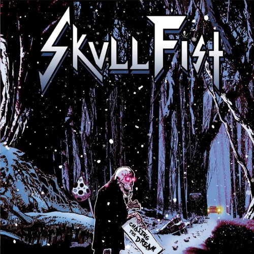 Album cover art for "Skull Fist" featuring a man holding a sign in a snowy forest.