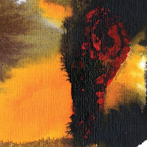 The alt text for the image is: "Vinyl record cover with abstract polar bear silhouette against an orange sky."
