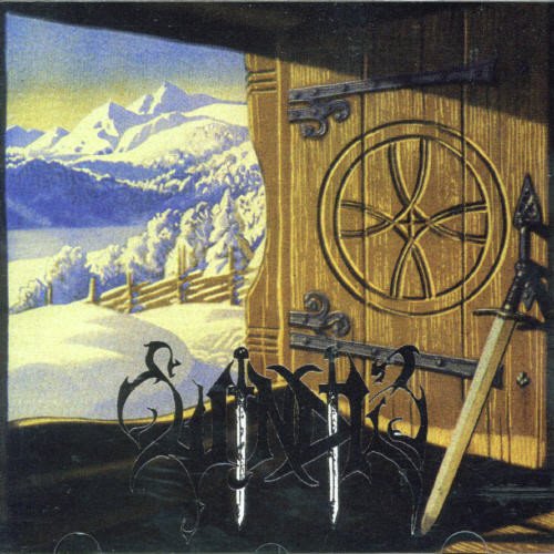 "Album cover with snow-capped mountains and wooden door with swords in the foreground."