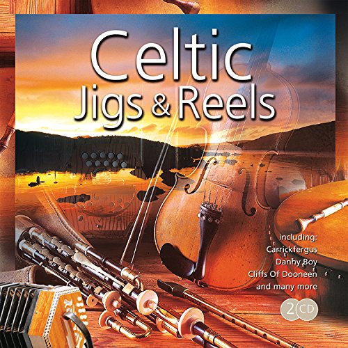 "CD cover featuring various Celtic instruments against a serene landscape at sunset."