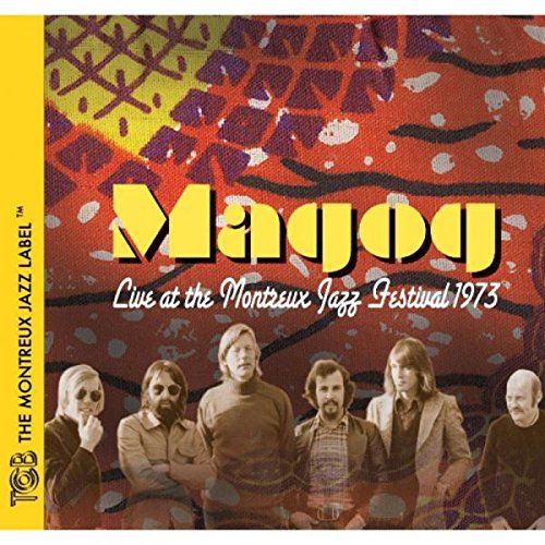Magog album cover featuring six men and abstract red, yellow, and black background design.
