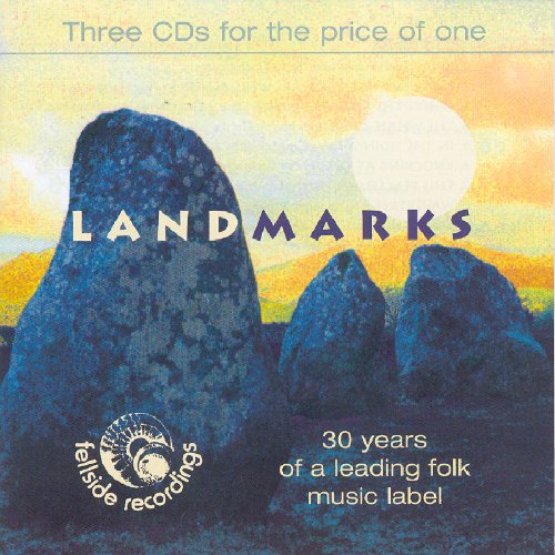"CD cover with 'LANDMARKS' text, three rock formations, and a full moon in the background."