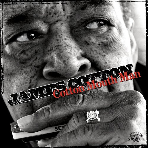 "Album cover with a close-up of a man's face holding a harmonica."