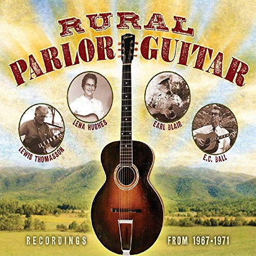 "CD cover with a guitar and musician portraits against a rural landscape background."