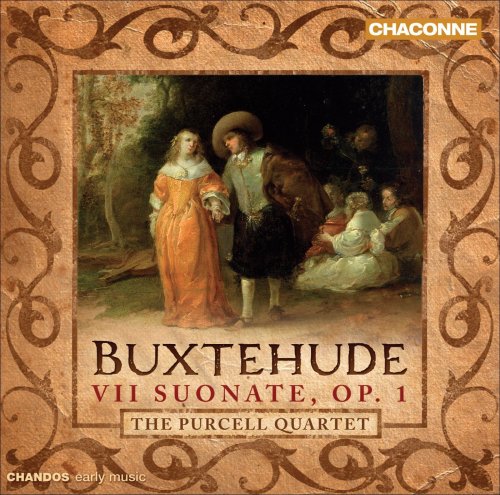 CD cover with a 17th-century scene and decorative border, featuring "Buxtehude" and "The Purcell Quartet".