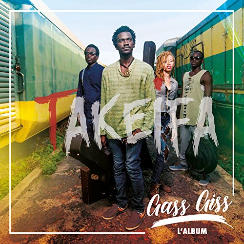 "Album cover with four people standing between two train cars, text overlay."
