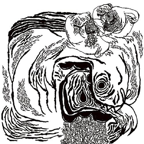 "Black and white illustration of a wolf's head with abstract, swirling patterns."