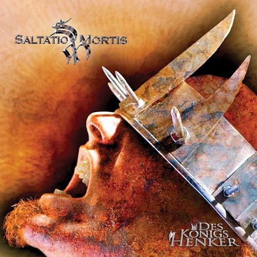 "CD cover with a rusty guillotine on a human head, medieval theme."