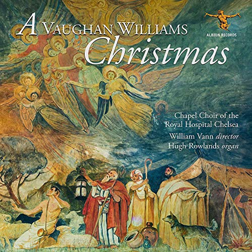 "Album cover with nativity scene and angels, titled 'A Vaughan Williams Christmas'."