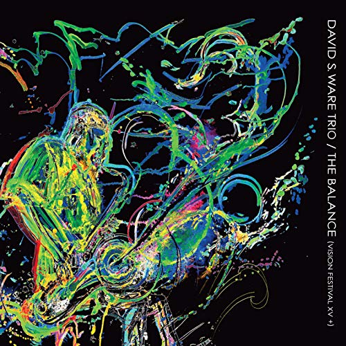 "Album cover with abstract, colorful figure on black background, text on right edge."