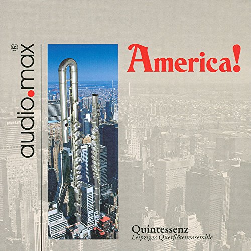 "CD cover with cityscape, trumpet, and 'America!' in red, on a grey background."