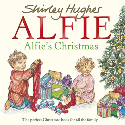 "Children's book cover featuring two children playing with Christmas gifts and a decorated tree."