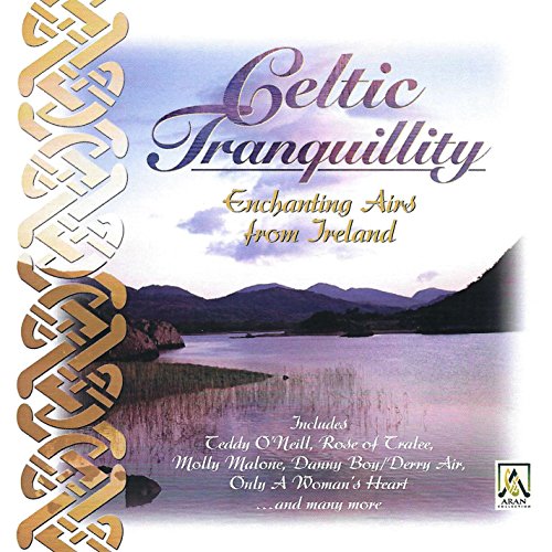Celtic Tranquillity CD cover featuring a serene lake and mountains landscape with Celtic knotwork.