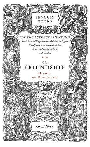 "Book cover with ornate black and white border, featuring title 'On Friendship'."