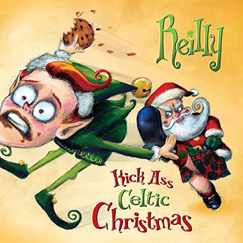 "Album cover featuring cartoon Santa Claus and leprechaun, with title 'Kick Ass Celtic Christmas'."