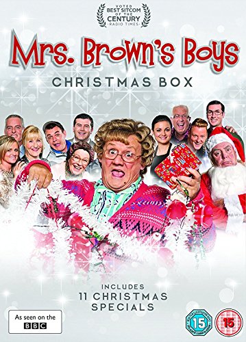 "Mrs. Brown's Boys Christmas Box DVD cover featuring a cartoon of the main characters."
