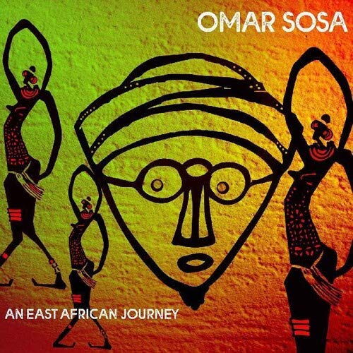 "Album cover with abstract face and figures, green to red gradient background."