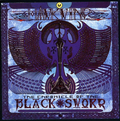 "Album cover with blue and black design, featuring stylized sword and wings."