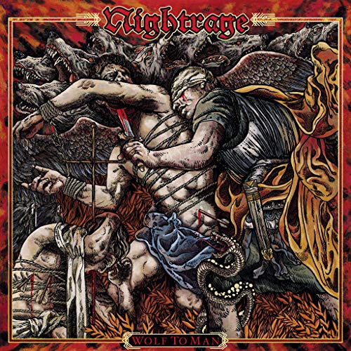 "Album cover art for 'Nightrage - Wolf to Man' featuring a man transforming into a wolf."