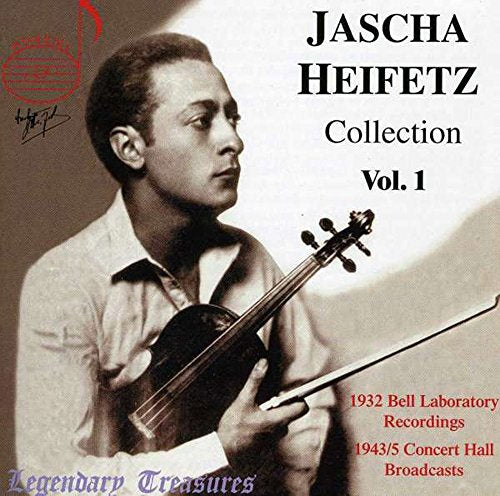 "CD cover featuring a black and white photo of Jascha Heifetz holding a violin."