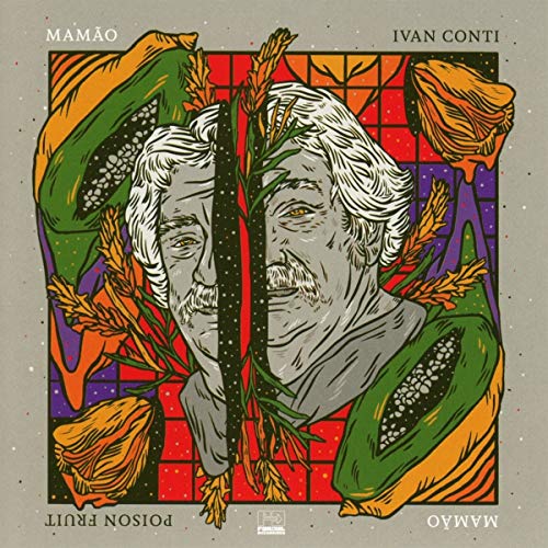 "Album cover with a stained-glass illustration of a man's face surrounded by fruit."