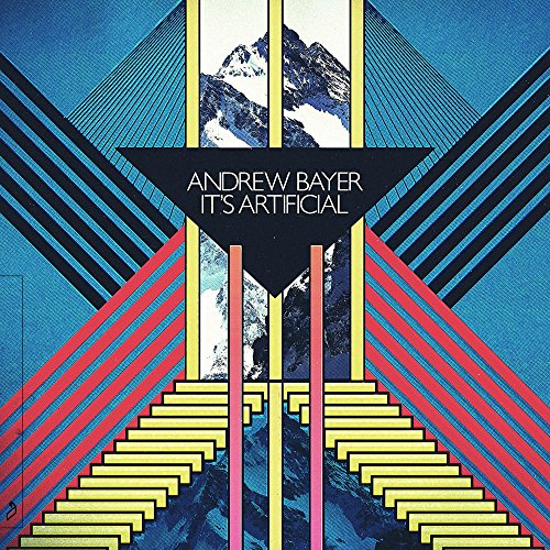 Vinyl album cover with geometric shapes, stairs, and a mountain landscape.