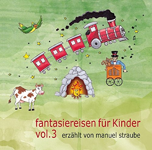"CD cover art featuring a cartoon train, cow, and conductor on a green background."