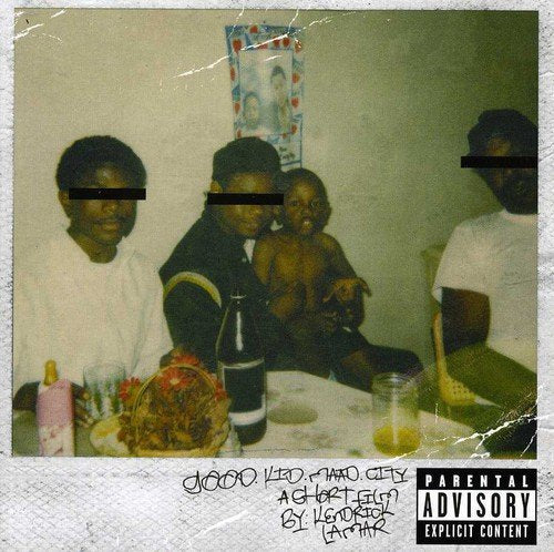 Kendrick Lamar's album cover with three men and a child at a table.