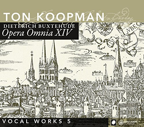 "CD cover with vintage cityscape illustration and text 'Ton Koopman' and 'Vocal Works 5'."
