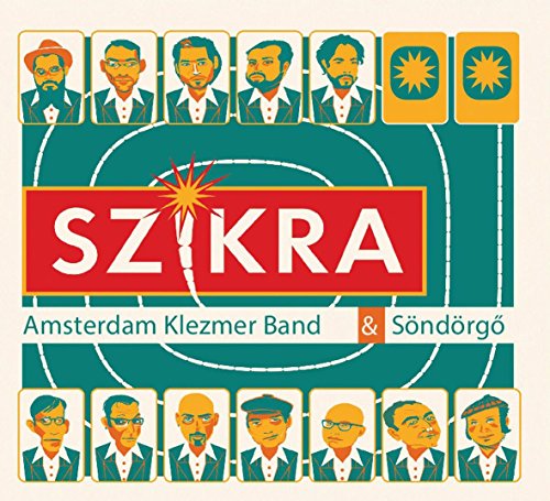 "Album cover with cartoon men and 'SZIKRA' text on a green background."