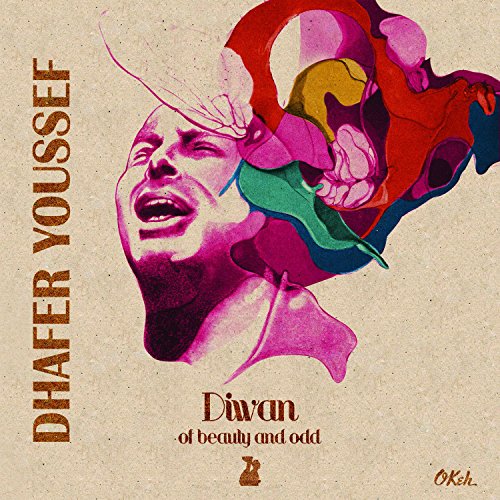 Album cover with a man's face and abstract colorful shapes on beige background.