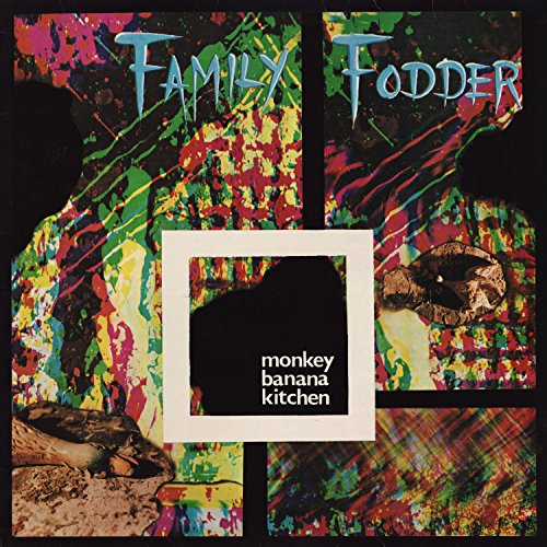 "Album cover with 'Family Fodder' text, monkey silhouette, and abstract, colorful background design."