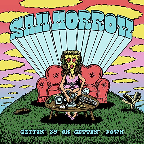 "Album cover art: cartoon woman with skull face mixing music on a table."