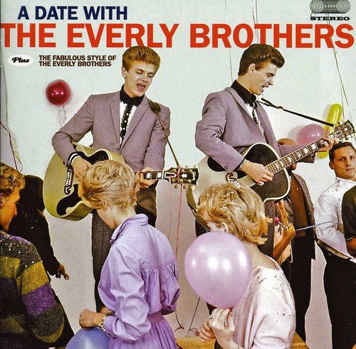 "CD cover featuring The Everly Brothers performing, surrounded by partygoers with balloons."