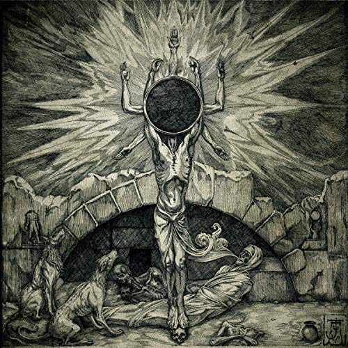 Black and white illustration of a multi-armed figure holding a dark circle, surrounded by animals.