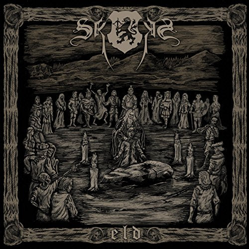 Dark album cover art with medieval illustration of robed figures gathered around a coffin.