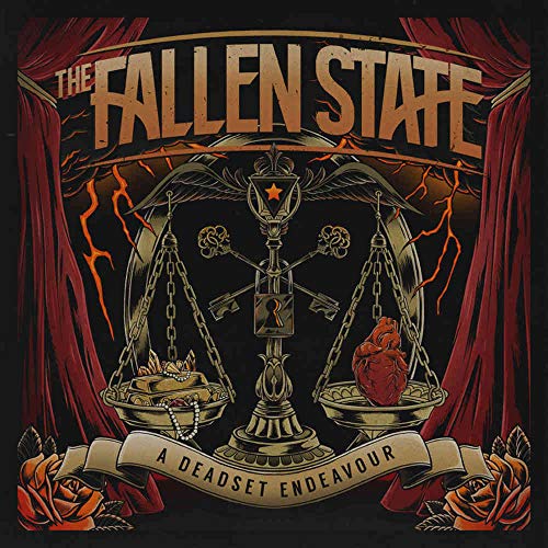 "Album cover with scales, keys, and red curtains, titled 'The Fallen State'."
