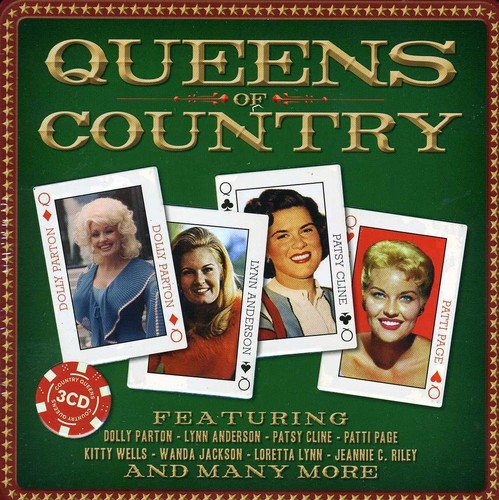"CD cover with 'Queens of Country' title, featuring four playing cards with female country artists."