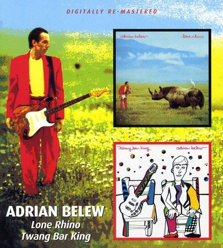 "CD cover featuring Adrian Belew in red, holding a guitar, with album artwork."