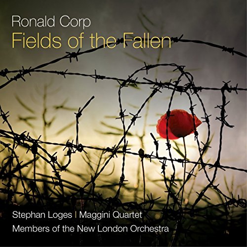 "CD cover with red poppy caught in barbed wire against a sunset background."