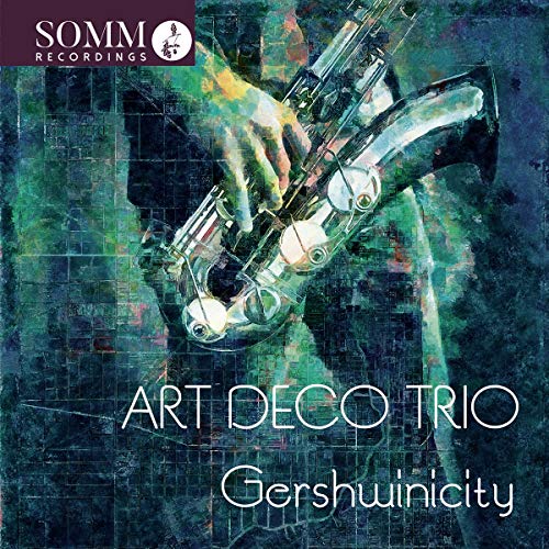"Album cover with saxophone and abstract background, titled 'Art Deco Trio: Gershwinicity'."