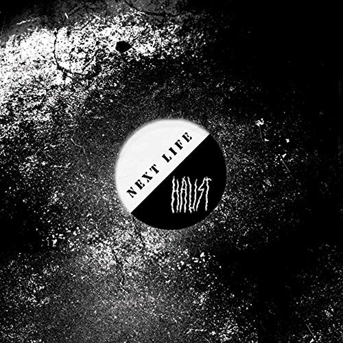 Black and white vinyl record cover with "Next Life" and "Haust" text on a grungy background.