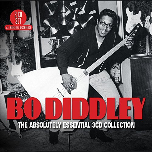 Black and white image of Bo Diddley holding a guitar, with red and white text overlay.