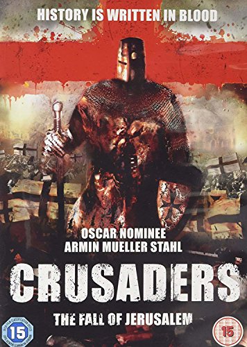 DVD cover for "Crusaders: The Fall of Jerusalem" featuring a bloodied knight in armor.
