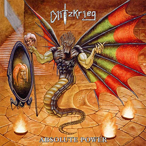 "Album cover art for 'Blitzkrieg - Absolute Power' featuring a demon-like figure with large wings."