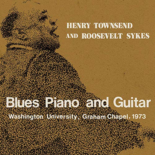 Brown album cover with stippled image and white text: "Blues Piano and Guitar".