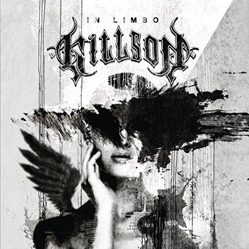 "Album cover with a man and angel wing, black and white grunge design."