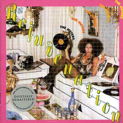 "Album cover with a woman holding a record, surrounded by party items and pink border."