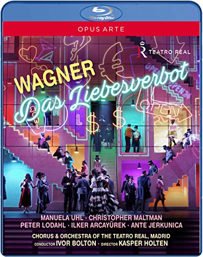 "Blu-ray cover for 'Das Liebesverbot' with colorful neon-lit background and opera performers."